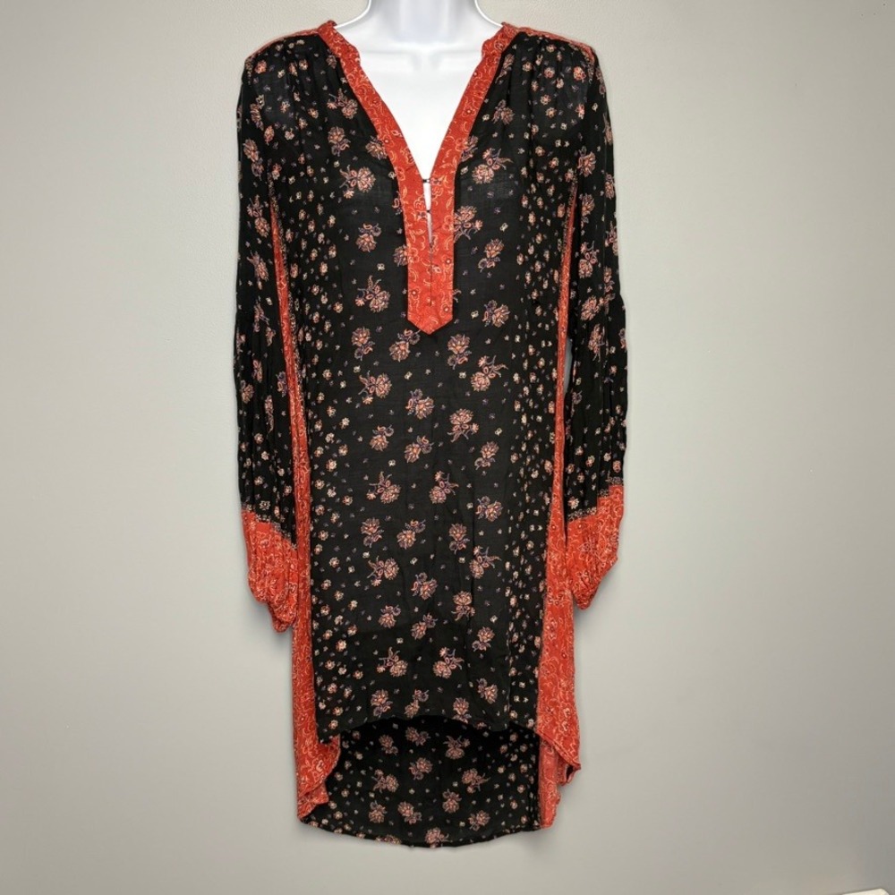 Free People Peacemaker Hi-Lo Dress Semisheer Boho Black Orange Paisley Floral S